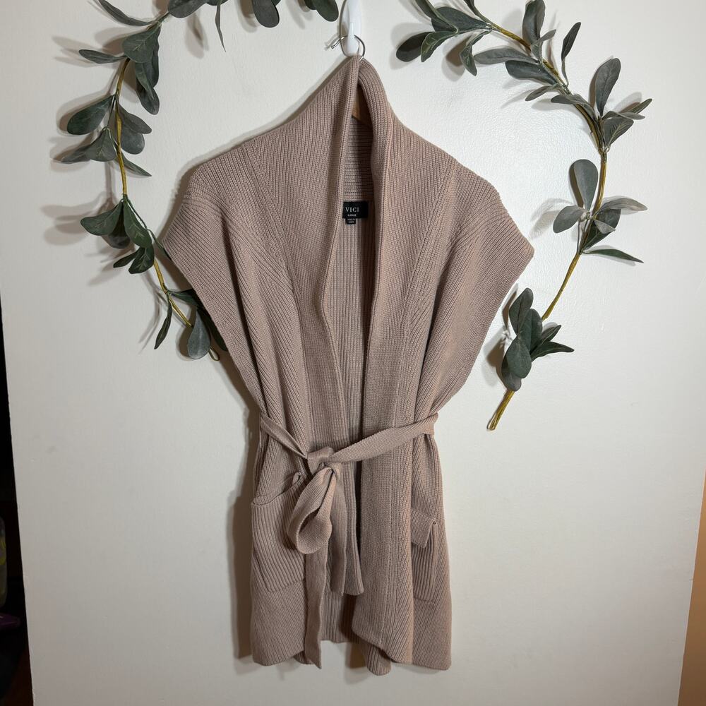 Vici Brown Sleeveless Tie Waist Cardigan